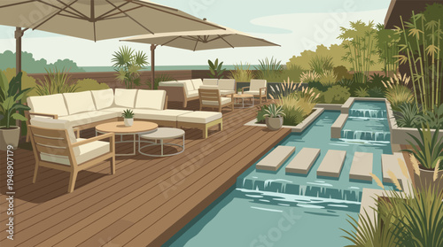 Modern Luxury Outdoor Patio with Sectional Sofa Umbrellas and Tiered Water Feature