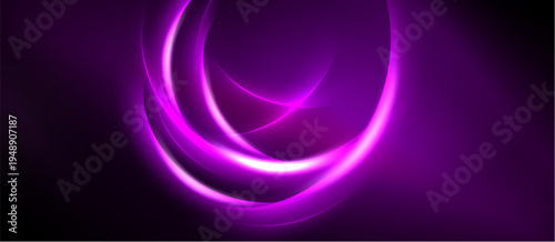 Abstract purple light layers create dynamic circular shapes. Dark background emphasizes glowing curves, offering modern aesthetic.