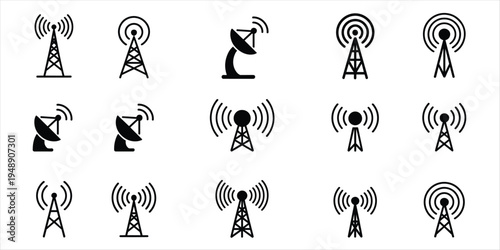 Collection of fifteen black and white icons representing various communication towers and antennas signal