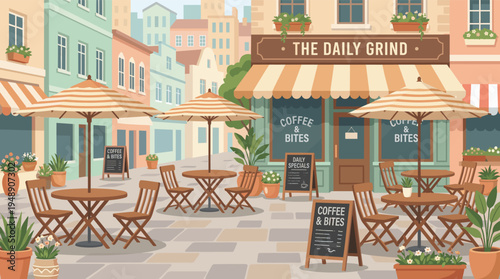 Cozy Outdoor Cafe Scene with Striped Umbrellas and Wooden Furniture in a Charming City Street