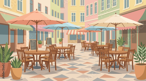 Charming Outdoor Cafe in a European Street with Colorful Umbrellas and Potted Plants