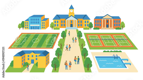 Flat Illustration of a University Campus with Students Buildings and Sports Facilities