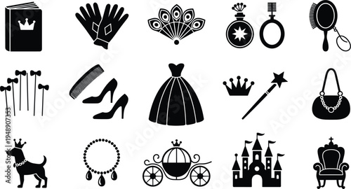 Collection of princess and fairytale themed icons in black silhouette princess icon fairytale icon