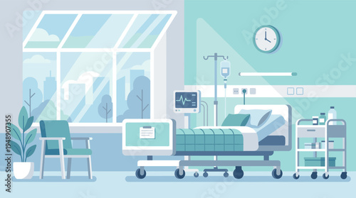 Modern Hospital Patient Room Illustration with Medical Equipment and City View