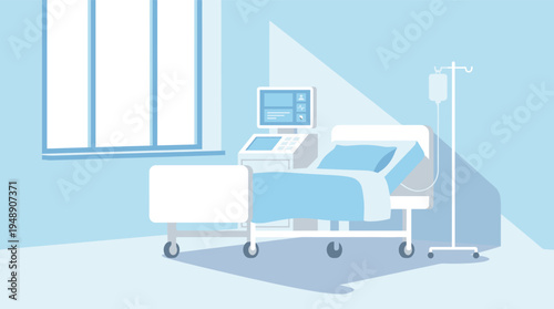 Clean Minimalist Hospital Patient Room Interior with Bed and Medical Equipment