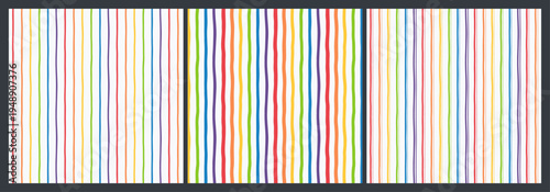 Set of Pride month background.Hand drawn rainbow vertical stripes seamless pattern.Colorful doodle stripes wallpaper collection.