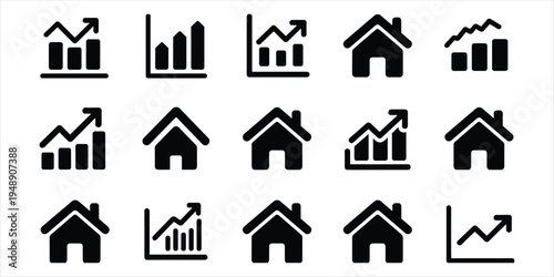 Collection of house and bar chart icons for real estate and finance Keywords: house icon, home icon, real estate icon, bar chart