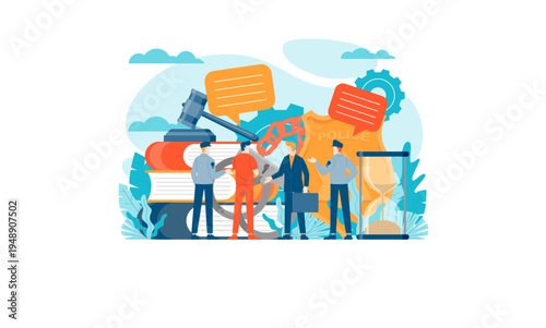 Criminal Justice System illustration with police officer, lawyer, and prisoner, surrounded by legal symbols