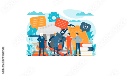 Law and Justice System Flat Design Illustration with Judge, Lawyer, Police Officer, and Legal Symbols