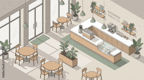 Isometric Modern Coffee Shop Interior with Barista Counter and Seating Area