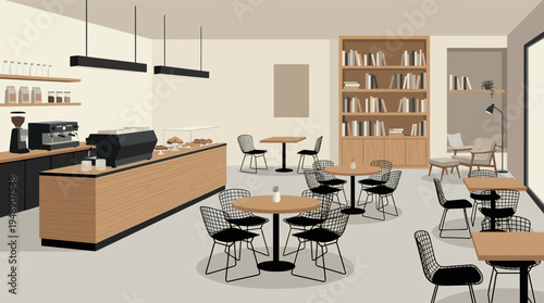 Modern Minimalist Coffee Shop Interior Illustration with Bookshelf and Seating