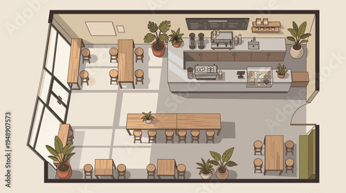 Modern cafe interior design layout with espresso bar and dining tables top view