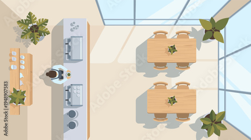 Top View of a Modern Minimalist Cafe Interior with Barista and Seating Area