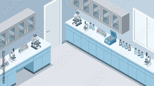 Isometric Scientific Research Laboratory Interior with Microscopes and Medical Equipment