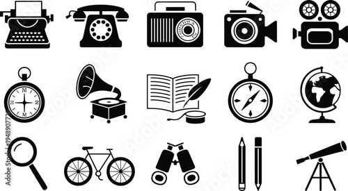 Fifteen Black Icons Representing Vintage Technology And Exploration Tools retro symbol