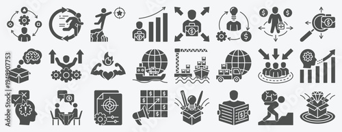 Business Strategy Icon Set. Including investment, analytics, teamwork, leadership, logistics, marketing, innovation, planning and shipment