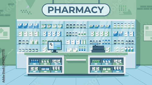 Pharmacy Store Interior with Medicine Shelves and Reception Counter Flat Illustration