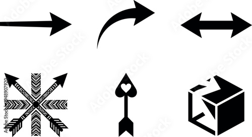 Collection of black directional arrow icons including curved arrows double arrows navigation symbols and geometric indicators isolated for interface design signage graphics