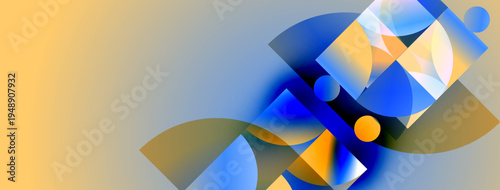 Abstract geometric composition. Blue, orange hues dominate. Shapes overlap, creating dynamic visual effect. Minimalist design, modern aesthetic.