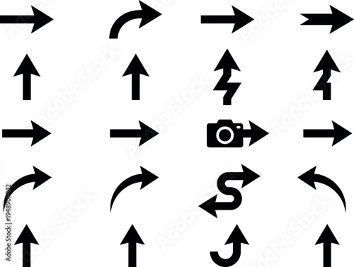 Collection of black arrow icons set showing different directions, navigation symbols, curved arrows and interface indicators isolated on light background for design