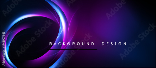 Abstract neon lights create swirling patterns. Dark background contrasts vibrant purple, blue hues. Text reads background design.