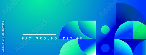 Abstract gradient background. Blue, turquoise hues blend smoothly. Geometric shapes overlap creating modern visual effect. Text reads background design.