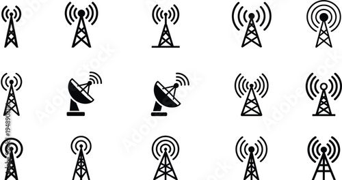 Set of communication tower and satellite dish icons in black silhouette communication tower icon antenna
