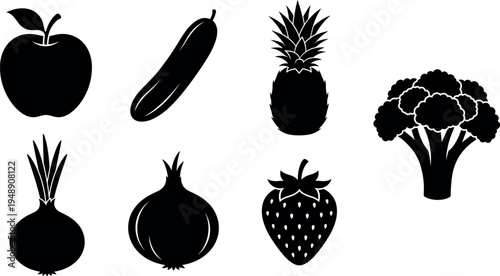 Fruit and vegetable silhouette icon set including apple cucumber pineapple broccoli onion strawberry black vector food symbols collection for healthy diet design