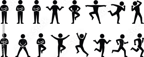 Set of eighteen black silhouette figures in various poses on a white background people silhouettes