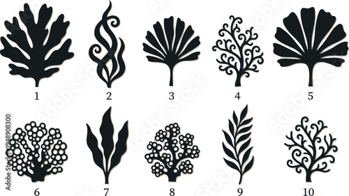 Decorative plant and leaf silhouette icon set with various botanical shapes, floral elements and ornamental foliage isolated on light background