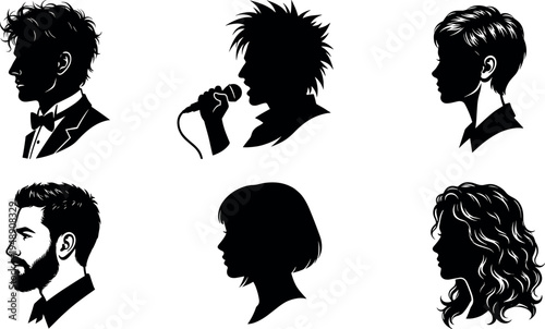 Human profile silhouette icon set featuring male and female heads, singer with microphone, different hairstyles isolated on light background vector illustration