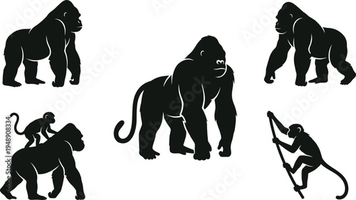 Gorilla and monkey silhouette icon set showing primates in different poses isolated on light background wildlife animal vector illustration collection