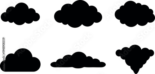 Black cloud silhouette icon set with different cloud shapes for weather, sky design elements isolated on light background vector illustration