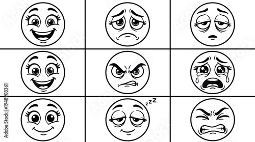 Cartoon emoji face expression icon set showing happy, sad, angry, crying, sleepy and cute emotions isolated on light background vector illustration
