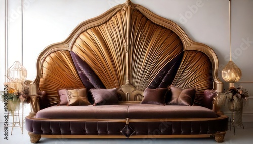Opulent Velvet Sofa with Elaborate Shell-Shaped Headboard and Accent Pillows.