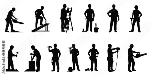 Silhouettes of construction workers with tools and equipment on a white background Keywords: construction worker silhouette