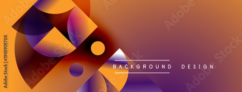Abstract geometric shapes blend vibrant orange, purple hues. Modern design creates dynamic visual experience. Background features gradient effect.