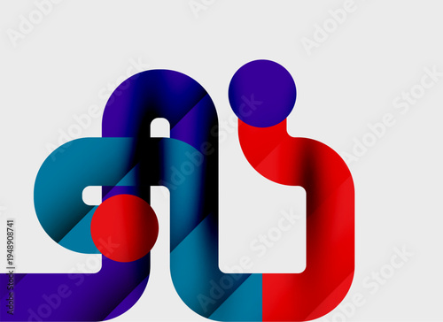 Abstract shapes overlap, creating dynamic composition. Colors include blue, red, purple, teal. Modern design, clean aesthetic.