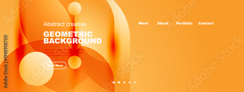 Orange abstract background features geometric shapes, text, navigation menu. Modern design suitable for website header or banner.