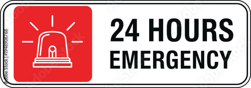 24 hours emergency service sign with alarm siren icon vector illustration for urgent support, security alert and rescue assistance