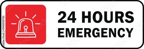24 hours emergency service banner with alarm siren icon vector illustration for urgent support, security alert and assistance