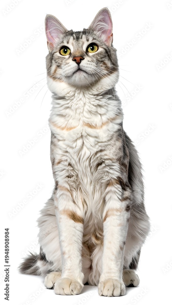 Obraz premium A large tabby cat sits upright