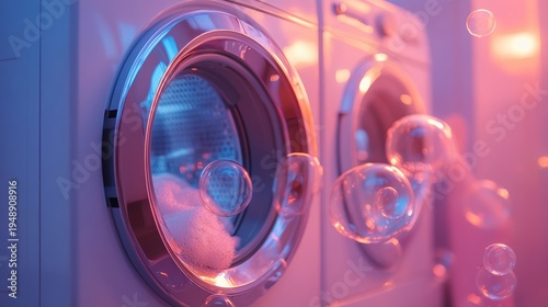 Interior with washing machine and soap bubbles,Vector realistic automatic washing machine with a front loading with blue soup bubbles,Realistic vector illustration,Home appliance concept.