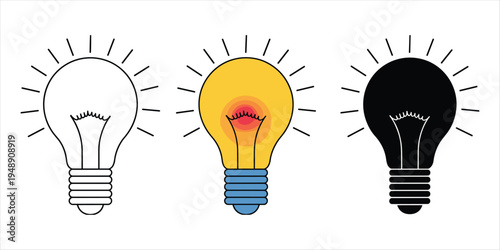 Three light bulb icons in outline, yellow, and black variations Keywords: light bulb icon, idea icon, innovation icon, creativity