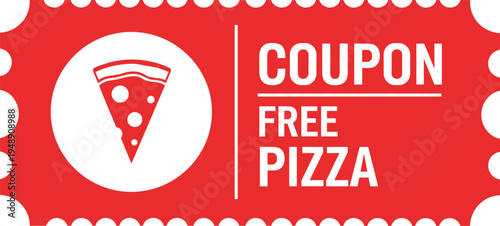Free pizza coupon ticket with pizza slice icon vector illustration for restaurant promotion, food discount and marketing offer