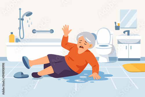 Senior Woman Slipped and Fell on Wet Floor in Bathroom, Elderly Person Having an Accident at Home, Safety Risks for Seniors, Flat Vector Illustration of a Grandmother Falling Near the Toilet.