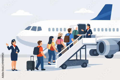 Passengers Boarding a Commercial Airplane via Mobile Stairs at an Airport Terminal. Flight Attendants in Uniform Greet Diverse Travelers as They Enter the Aircraft. Flat Vector Style Illustration.