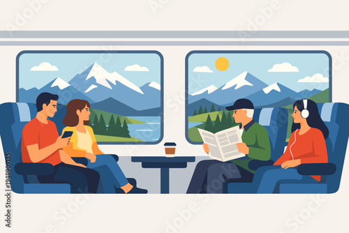 Diverse People Traveling by Train with Scenic Mountain and Lake View, Flat Vector Illustration of Passengers Relaxing, Reading Newspaper, Listening to Music, and Using Phone on a Railway Journey