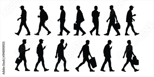Silhouettes of men walking and using smartphones on a white background mobile phone