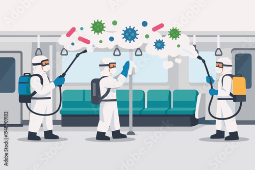 Medical team in protective hazmat suits spraying disinfectant to kill viruses and bacteria inside a subway train car, public health sanitation and safety measures flat vector illustration.